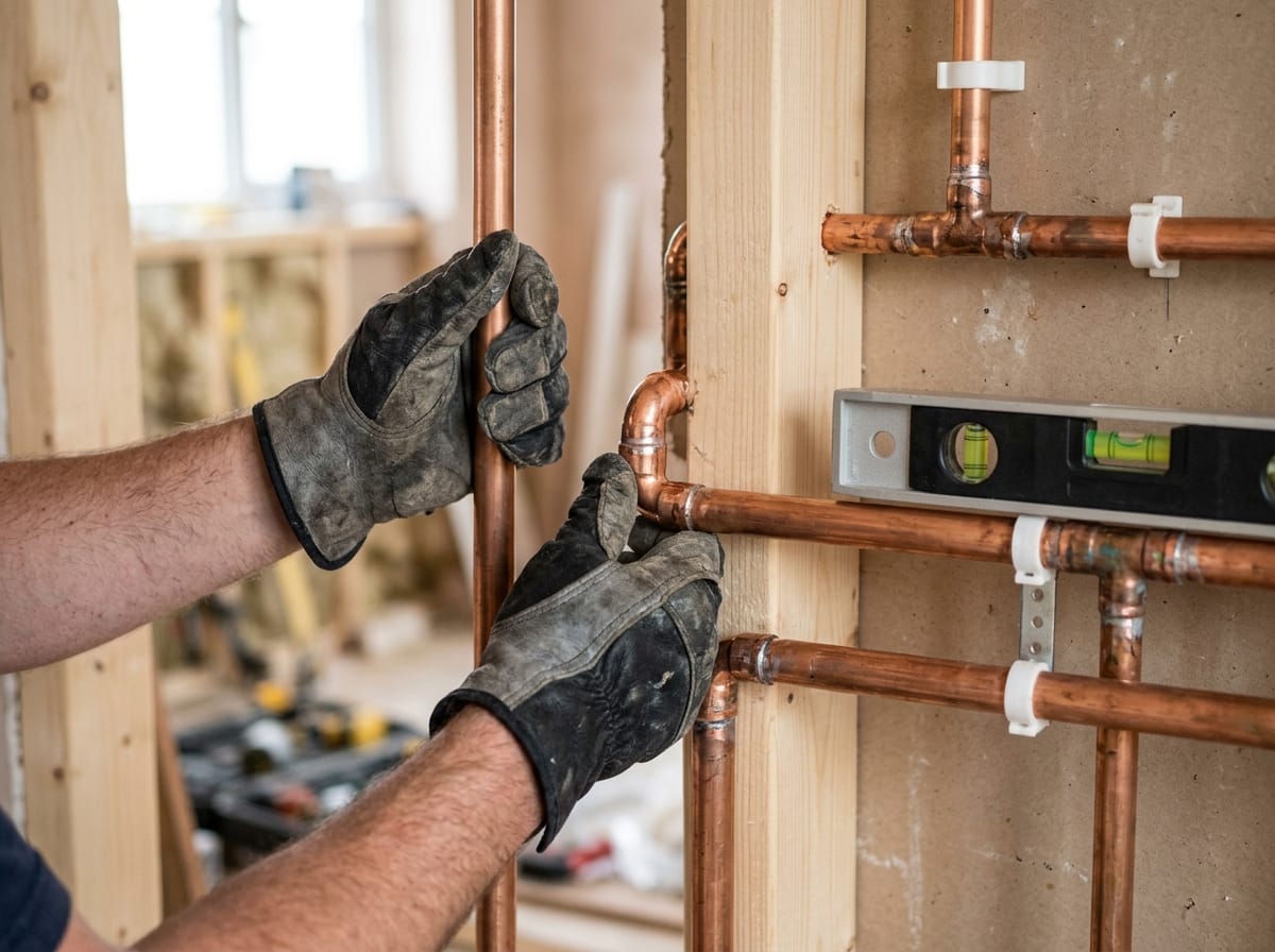 Plumber fitting neat copper pipework on a first fix installation