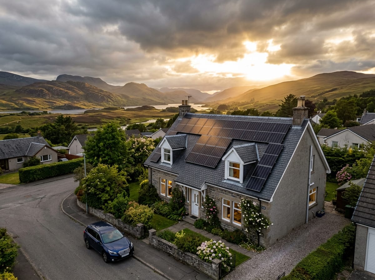 Solar PV panels on the slate roof of a Scottish home at golden hour